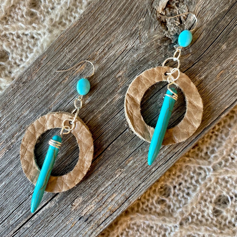 Turquoise Spike & Bead, Leather, Dangle Earrings